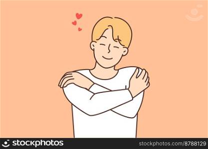 Smiling young man hugging himself show self-love and self-acceptance. Happy guy demonstrate care and support for inner self. Social acceptance. Vector illustration. . Smiling man hug himself show self-love