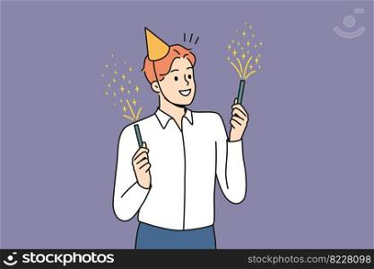 Smiling young man in birthday hat holding sparklers celebrating. Happy businessman have fun enjoy fireworks at party. Vector illustration. . Smiling man with sparklers celebrate 