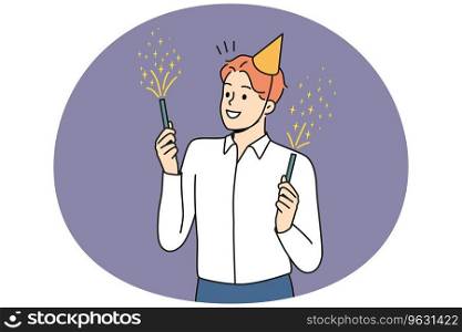 Smiling young man in birthday hat holding sparklers celebrating. Happy businessman have fun enjoy fireworks at party. Vector illustration.. Smiling man with sparklers celebrate