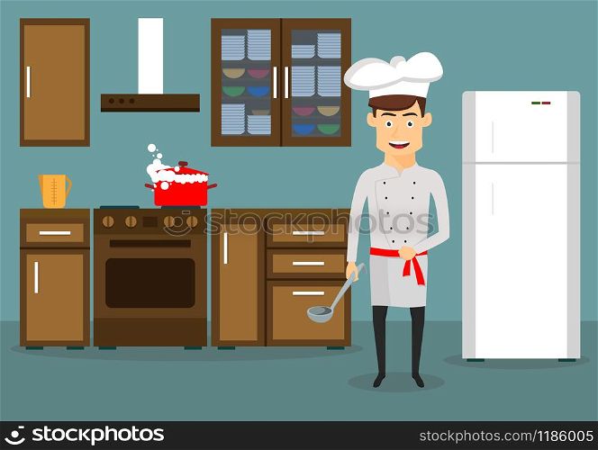 Smiling young man in chef hat and tunic cooking in kitchen at home. Cartoon flat style . Young man cooking in kitchen at home