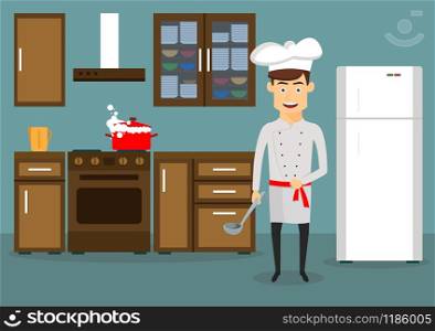 Smiling young man in chef hat and tunic cooking in kitchen at home. Cartoon flat style . Young man cooking in kitchen at home