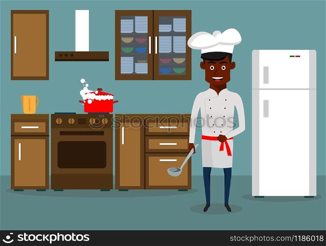 Smiling young man in chef hat and tunic cooking in kitchen at home. Cartoon flat style