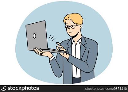 Smiling young man in formal wear working on laptop. Happy businessman busy online on computer. Vector illustration.. Smiling businessman working on laptop