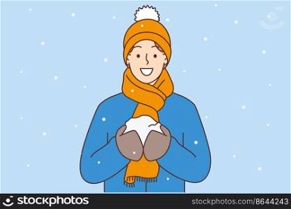 Smiling young man in outerwear with snowball in hands enjoy winter holidays. Happy guy in snow have fun on vacations. Vector illustration. . Smiling man with snowball in hands 