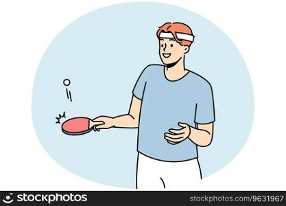 Smiling young man in sportswear playing tennis. Happy male athlete or sportsman with racket engaged in sportive game. Vector illustration.. Smiling athlete playing tennis