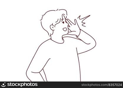 Smiling young man make hand gesture with hands screaming or making announcement. Happy guy yell or shout news to public. Vector illustration. . Smiling man scream making announcement 