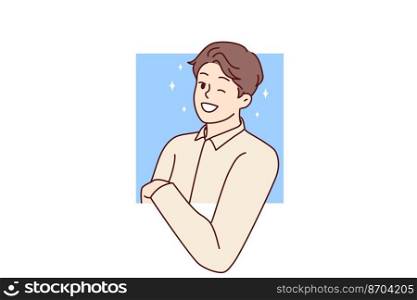 Smiling young man peeking from window. Happy guy look from hole feeling curious and interested. Curiosity concept. Vector illustration. . Curious man peeping from window