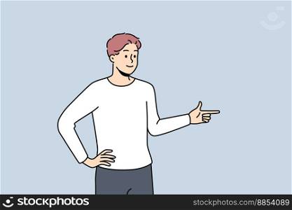 Smiling young man point aside demonstrate good deal or offer. Happy man recommend sale or promotion. Client feedback concept. Vector illustration. . Smiling man point aside 