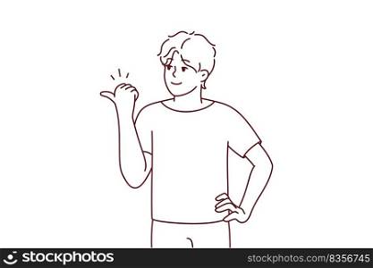 Smiling young man point at empty copy space aside. Happy male show with finger good sale deal or promotion. Recommendation. Vector illustration.. Smiling man point at good deal