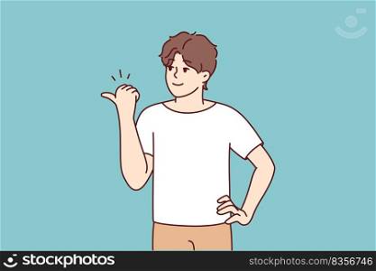 Smiling young man point at empty copy space aside. Happy male show with finger good sale deal or promotion. Recommendation. Vector illustration.. Smiling man point at good deal