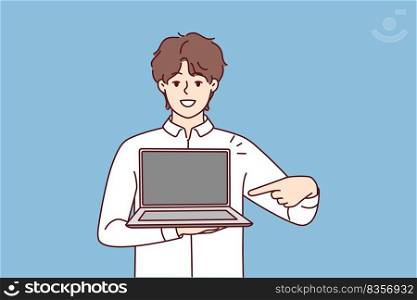 Smiling young man point at modern laptop with mockup screen. Happy male show contemporary computer. Tech and gadget application. Vector illustration. . Smiling man point at laptop 