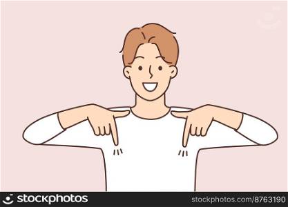 Smiling young man point down with fingers recommend good sale deal or offer. Happy guy demonstrate great promotion or discount. Recommendation. Vector illustration. . Smiling man point down at good deal