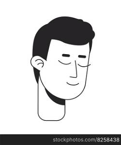 Smiling young man praying flat line monochromatic vector character head. Guy meditating in peace. Editable outline avatar icon. 2D cartoon line spot illustration for web graphic design, animation. Smiling young man praying flat line monochromatic vector character head