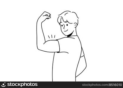 Smiling young man showing muscles. Happy healthy guy demonstrate muscular toned body. Sport and physical activity. Vector illustration. . Smiling man showing muscles