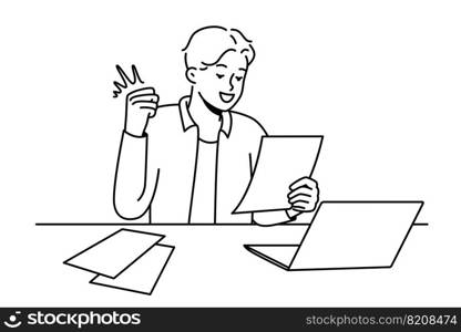 Smiling young man sit at desk work on computer excited with good news in letter. Happy guy celebrate promotion or win notification in paperwork. Vector illustration. . Smiling man excited with good news in letter 