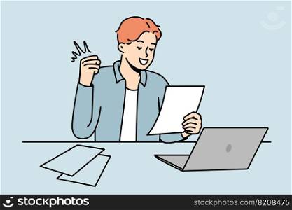 Smiling young man sit at desk work on computer excited with good news in letter. Happy guy celebrate promotion or win notification in paperwork. Vector illustration. . Smiling man excited with good news in letter 