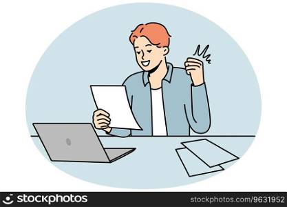 Smiling young man sit at desk work on computer excited with good news in letter. Happy guy celebrate promotion or win notification in paperwork. Vector illustration.. Smiling man excited with good news in letter