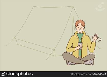 Smiling young man sitting near tent in forest enjoying hiking trip. Happy guy drinking warm coffee or tea on outdoors c&ing vacation. Vector illustration. . Man enjoying hiking sittingnear tent 