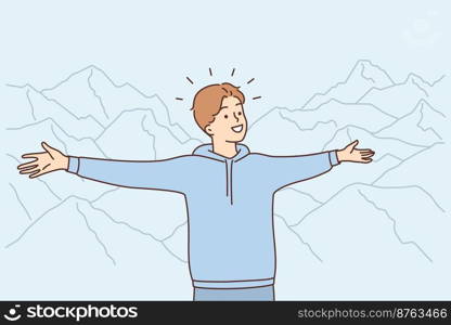 Smiling young man stretch hands hugging mountains excited about nature. Happy guy embrace world satisfied about highland nature. Vector illustration. . Smiling man stretch hands hug mountains 
