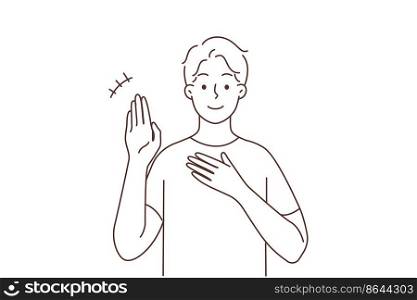 Smiling young man talking using sign language. Happy guy communicate with hand gestures. Alternative communication. Vector illustration. . Smiling man communicate with sign language 