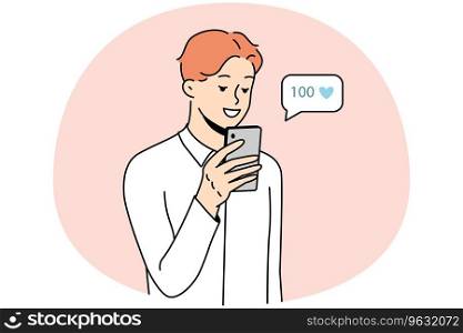 Smiling young man using cellphone collect likes on social media. Happy male look at mobile phone screen get acknowledgment from subscribers. Vector illustration.. Young man get likes on social media