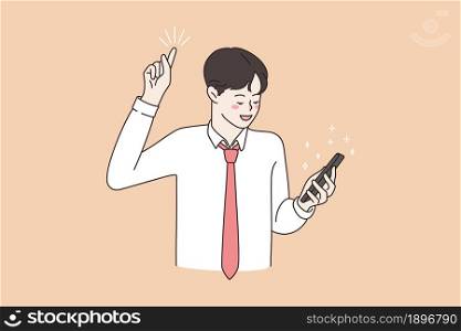 Smiling young man using cellphone receive good message email on gadget. Excited guy get brilliant idea, browse smartphone device. Happy male read great news online on cell. Flat vector illustration. . Smiling man read good news online on cellphone