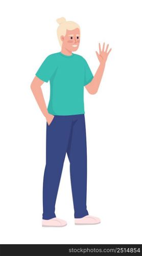 Smiling young man waving hand semi flat color vector character. Standing figure. Full body person on white. Greeting simple cartoon style illustration for web graphic design and animation. Smiling young man waving hand semi flat color vector character