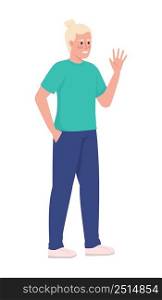 Smiling young man waving hand semi flat color vector character. Standing figure. Full body person on white. Greeting simple cartoon style illustration for web graphic design and animation. Smiling young man waving hand semi flat color vector character