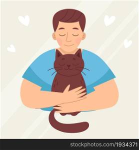 Smiling young man with a cat, pet. Love and friendship with animals. Vet clinic. Vector illustration in cartoon style