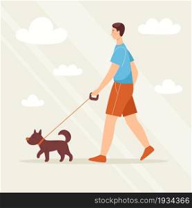 Smiling young man with a dog for a walk, pet. Love and friendship with animals. Vet clinic. Vector illustration in cartoon style