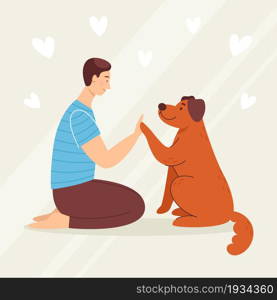 Smiling young man with dog, pet. Love and friendship with animals. Vet clinic. Vector illustration in cartoon style