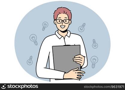 Smiling young man with folder in hands generate creative business ideas. Happy motivated guy in glasses holding paperwork document. Business and creativity. Vector illustration.. Smiling man in glasses with folder in hands