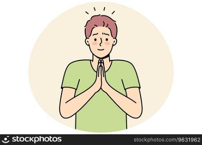 Smiling young man with hands in prayer ask for forgiveness. Male join hands feel grateful or thankful. Gratitude concept. Vector illustration.. Young man with hands in prayer