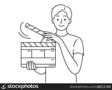 Smiling young man with movie flapper. Happy guy with film flapping showing hand gesture. Vector illustration. . Smiling man with film flapper
