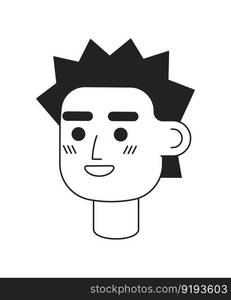 Smiling young man with spiky haircut monochromatic flat vector character head. Editable black white cartoon face emotion. Hand drawn lineart ink spot illustration for web graphic design, animation. Smiling young man with spiky haircut monochromatic flat vector character head