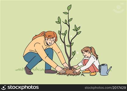 Smiling young mother and small daughter plant seedling in ground take care of environment. Happy mom and little girl child grow tree engaged in gardening activity together. Vector illustration.. Happy mom and daughter plant tree together