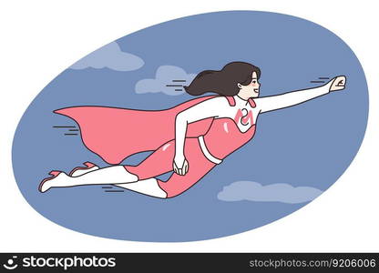 Smiling young mother in superhero costume fly in sky. Happy active motivated mom in hero suit show power and leadership. Good motherhood and parenthood. Supermom. Flat vector illustration.. Happy mother in superhero costume fly in sky