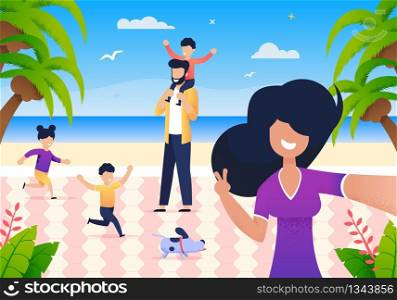 Smiling Young Mother Makes Family Photo Together. Woman Makes Selfie Background Ocean Using Phone with Husband who Holds his Son on his Shoulders and Children. Boy and Girl Run after Dog.