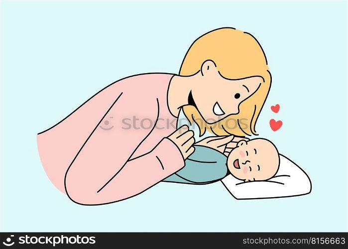 Smiling young mother play with cute newborn baby. Happy mom cuddle little child infant enjoy motherhood. Parenting concept. Vector illustration. . Smiling mom play with newborn baby 