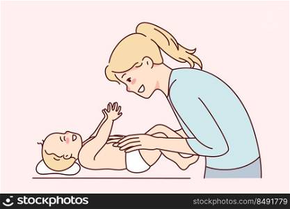 Smiling young mother playing with newborn baby. Happy mom have fun caress infant on table. Motherhood and parenthood. Vector illustration. . Happy mom playing with newborn 