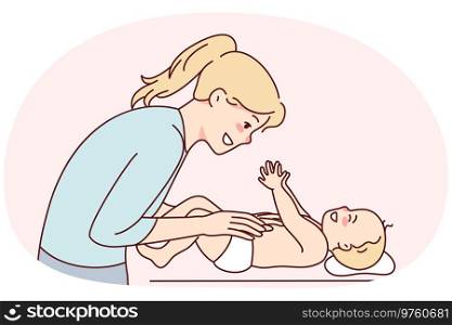 Smiling young mother playing with newborn baby. Happy mom have fun caress infant on table. Motherhood and parenthood. Vector illustration.. Happy mom playing with newborn