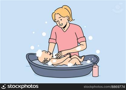 Smiling young mother washing cute baby infant in bath. Happy mom do daily cleaning hygiene procedures for small child. Motherhood and childhood. Vector illustration. . Smiling mother washing newborn baby 