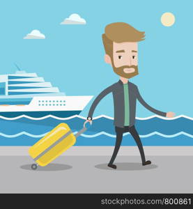 Smiling young passenger with suitcase going to shipboard at the pier station. A hipster man with the beard walking on the background of cruise liner. Vector flat design illustration. Square layout.. Passenger with suitcase going to shipboard.