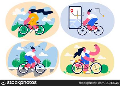 Smiling young person relax rest riding bike on sunny summer day. Teenager enjoy outdoor physical activity ride bicycle on weekend or vacation. Sporty active hobby concept. Vector illustration. Set.. Set of happy person relax outdoor riding bike