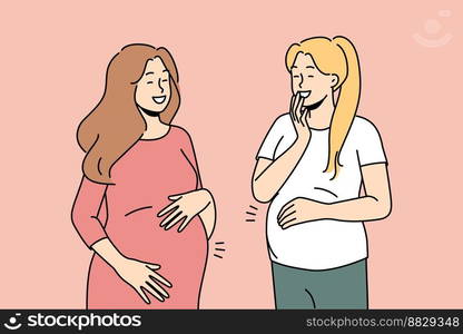 Smiling young pregnant women with big bellies excited with future motherhood. Happy moms laugh overjoyed with pregnancy. Vector illustration. . Smiling pregnant women with big bellies