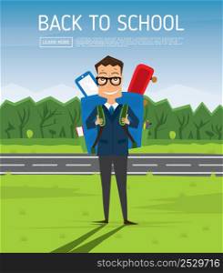 Smiling Young School Boy in Uniform with Blue Backpack. Vector Illustration. Man on green grass near road and tree. Back to School Concept.