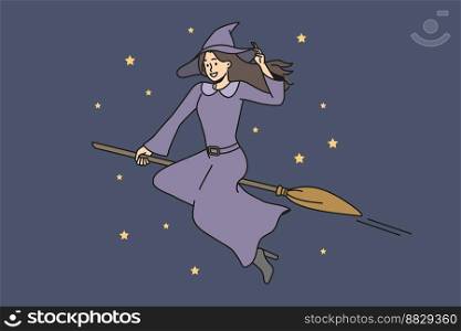 Smiling young witch in costume flying on broom in dark night sky. Happy female magician or wizard fly in starry sky. Vector illustration. . Smiling witch fly in sky on broom 
