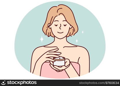 Smiling young woman applying cream in bath. Happy girl in towel do beauty procedures at home in bathroom. Skincare and beauty. Vector illustration.. Happy woman do beauty procedures in bath