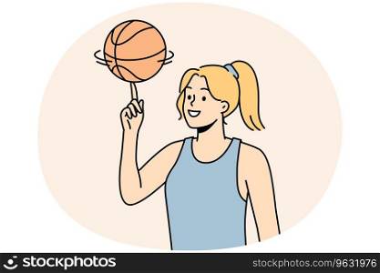 Smiling young woman athlete spin ball on finger. Happy girl basketball player play with ball. Sport and game activity. Vector illustration.. Smiling woman spin ball on finger