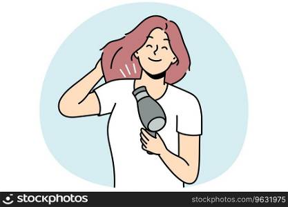 Smiling young woman blow hair with dryer. Happy girl get ready blowing hair with fan device. Beauty and technology. Vector illustration.. Smiling woman blow hair with fan